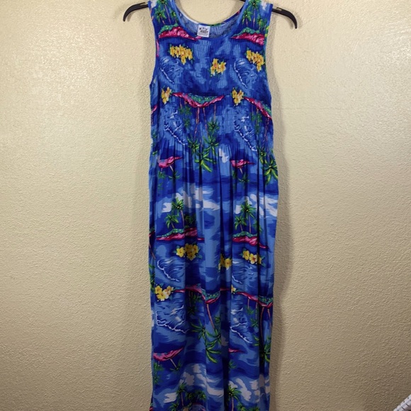 Koko Knot Maxi Dress Ocean Blue Floral Palm Trees S 100% Rayon - Picture 1 of 16